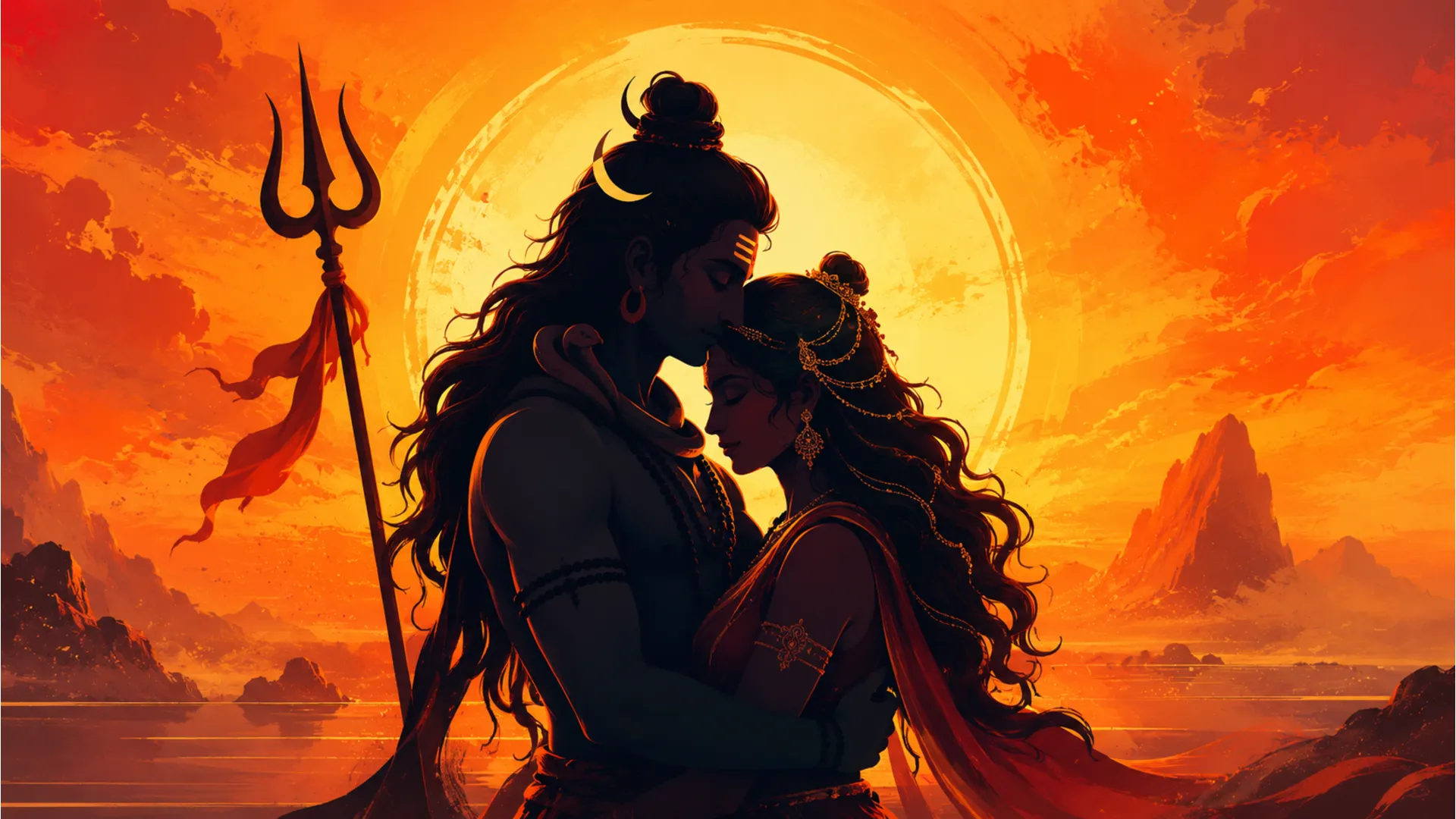 Abstract acrylic painting showing silhouettes of Shiva and Parvati embracing with warm orange and yellow sunset glow.