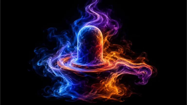 Creative abstract art showing a Shivling form silhouetted within colorful smoke.