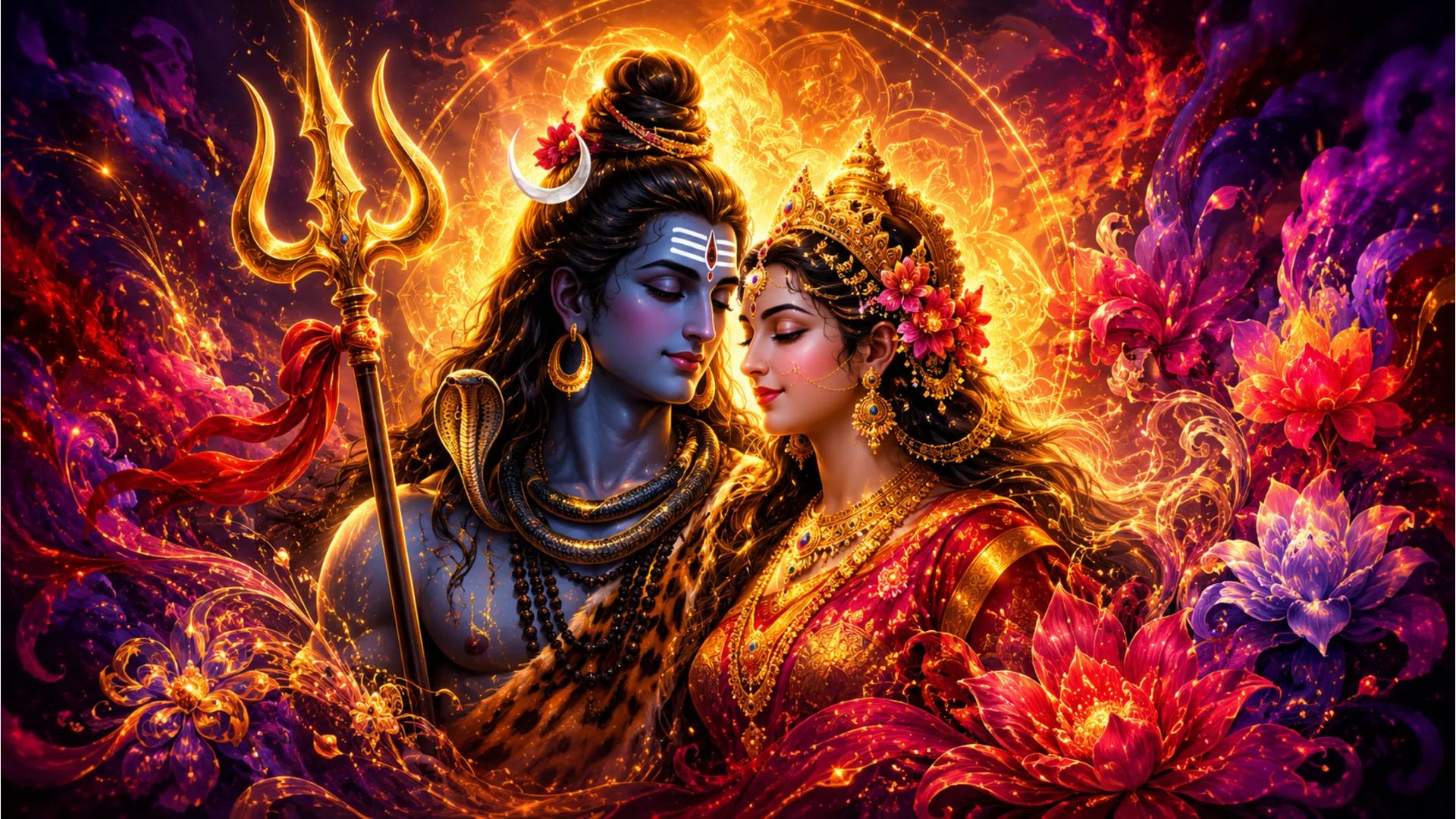 shiva parvati abstract digital art floral vibrant colors trishul portrait