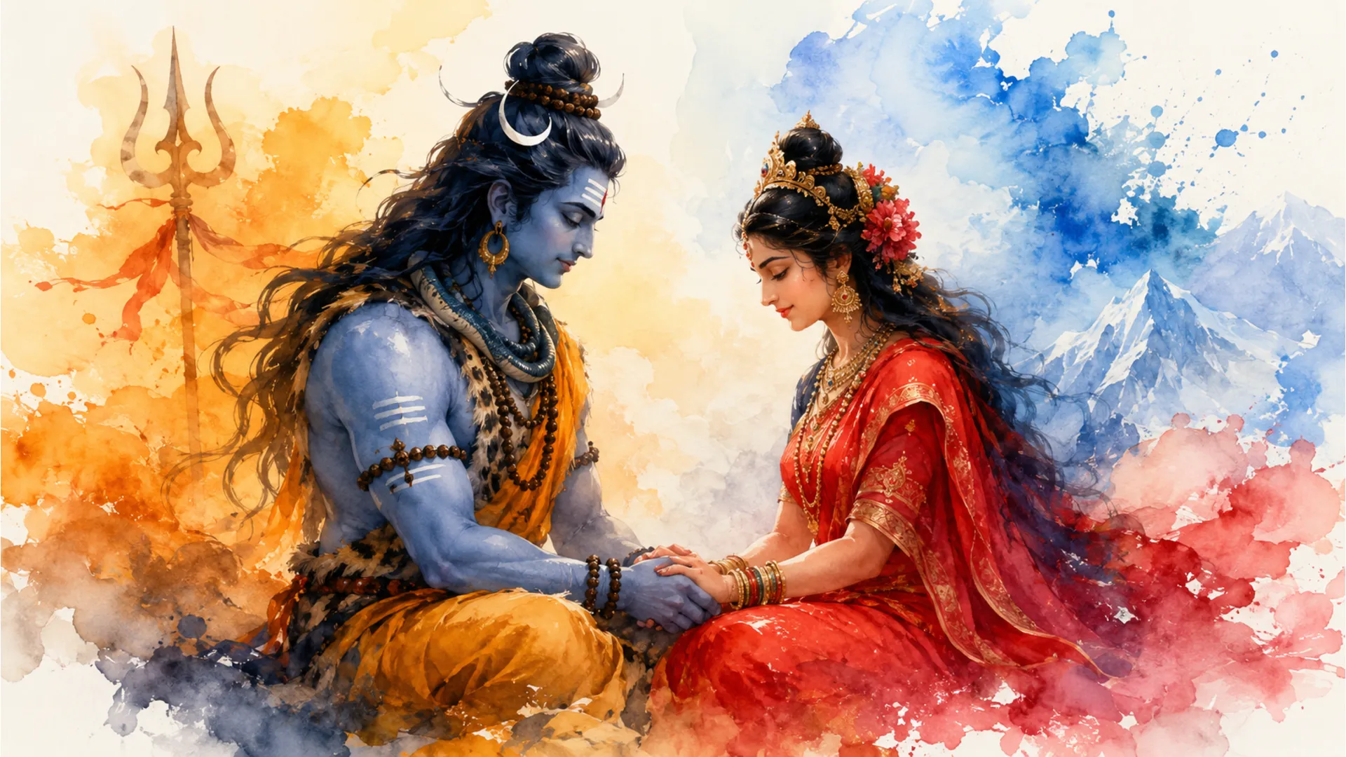 abstract watercolor painting shiva parvati hands together colorful background trishul art