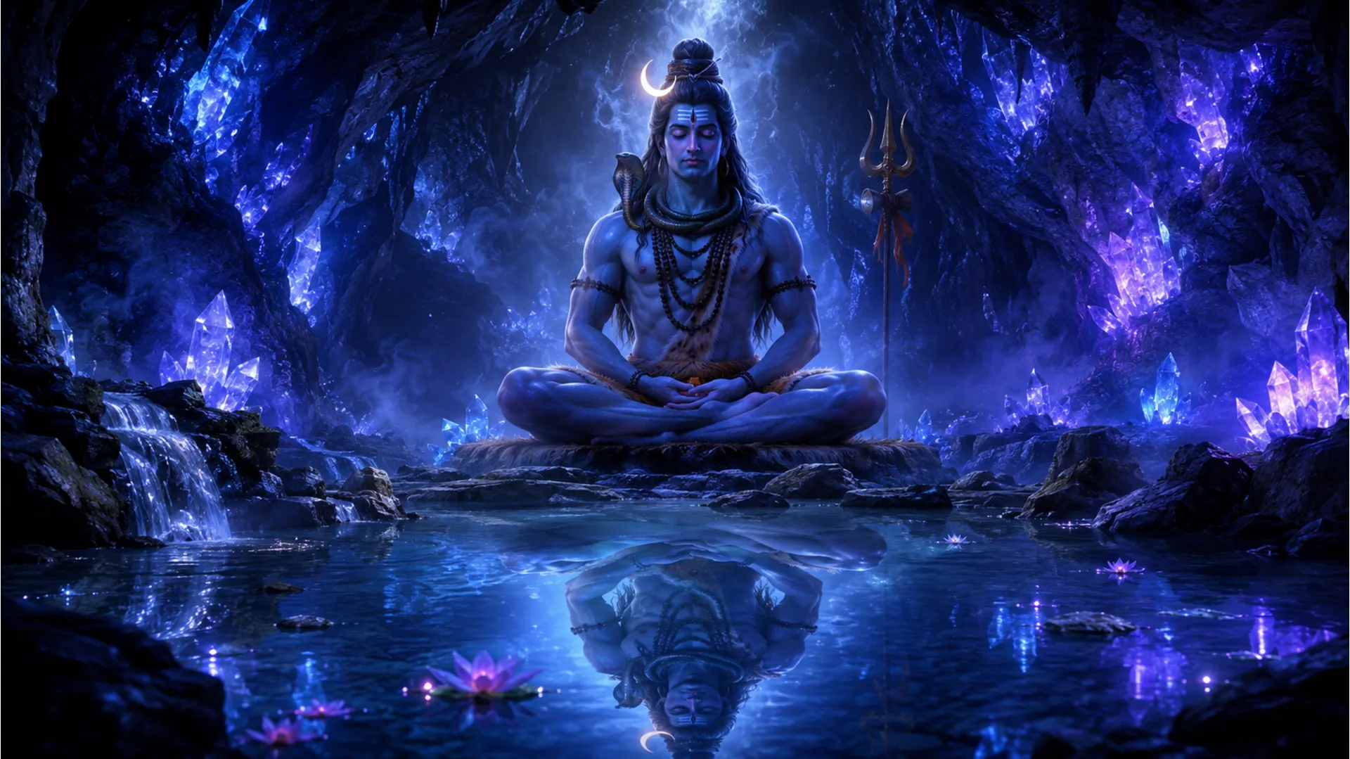 Lord Shiva meditating inside a mystical crystal cave with a peaceful atmosphere, Har Har Mahadev photo download MP3.