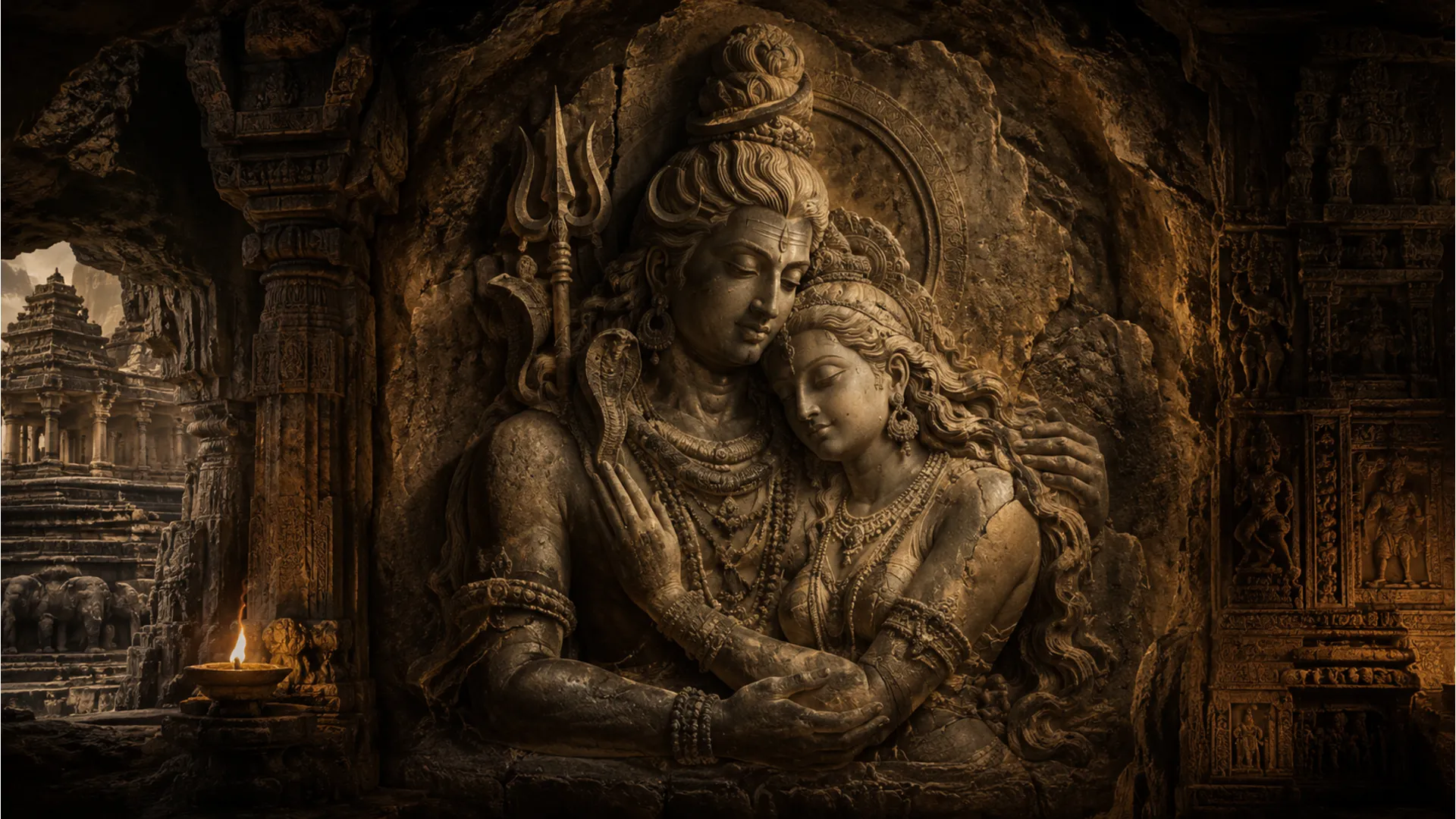 Digital painting mimicking ancient stone sculpture style of Shiva and Parvati embracing inside a temple.