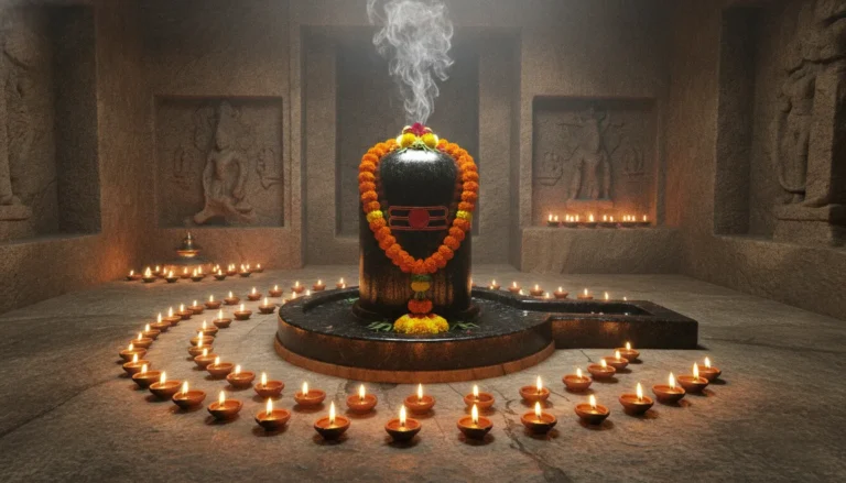 Mysterious ancient cave temple with a large Bahubali Shivling illuminated by oil lamps.