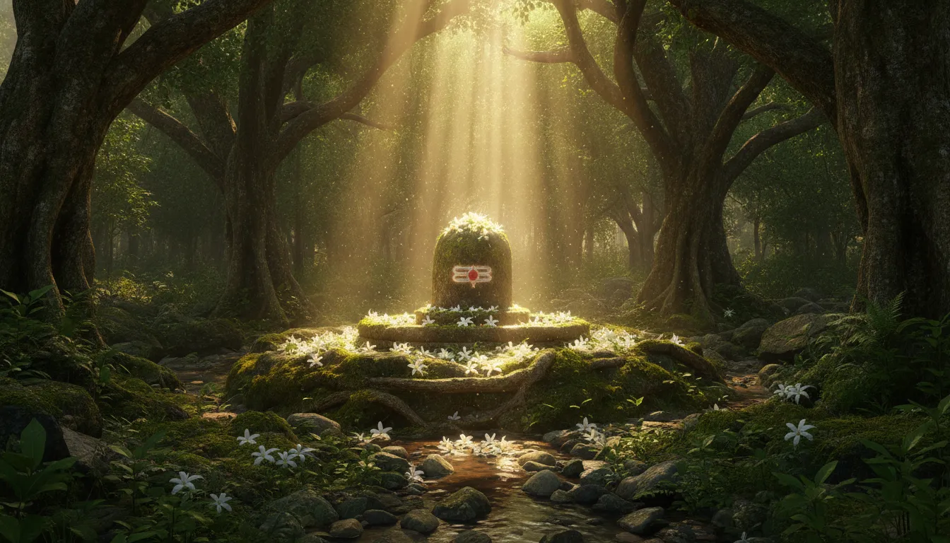 An old stone Shivling inside an ancient forgotten forest temple with bright sunbeams shining down through trees.