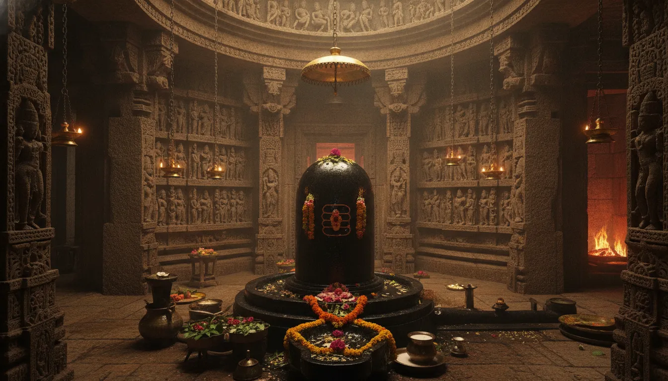 Ancient stone temple inner sanctum displaying a majestic sawan shivling image.