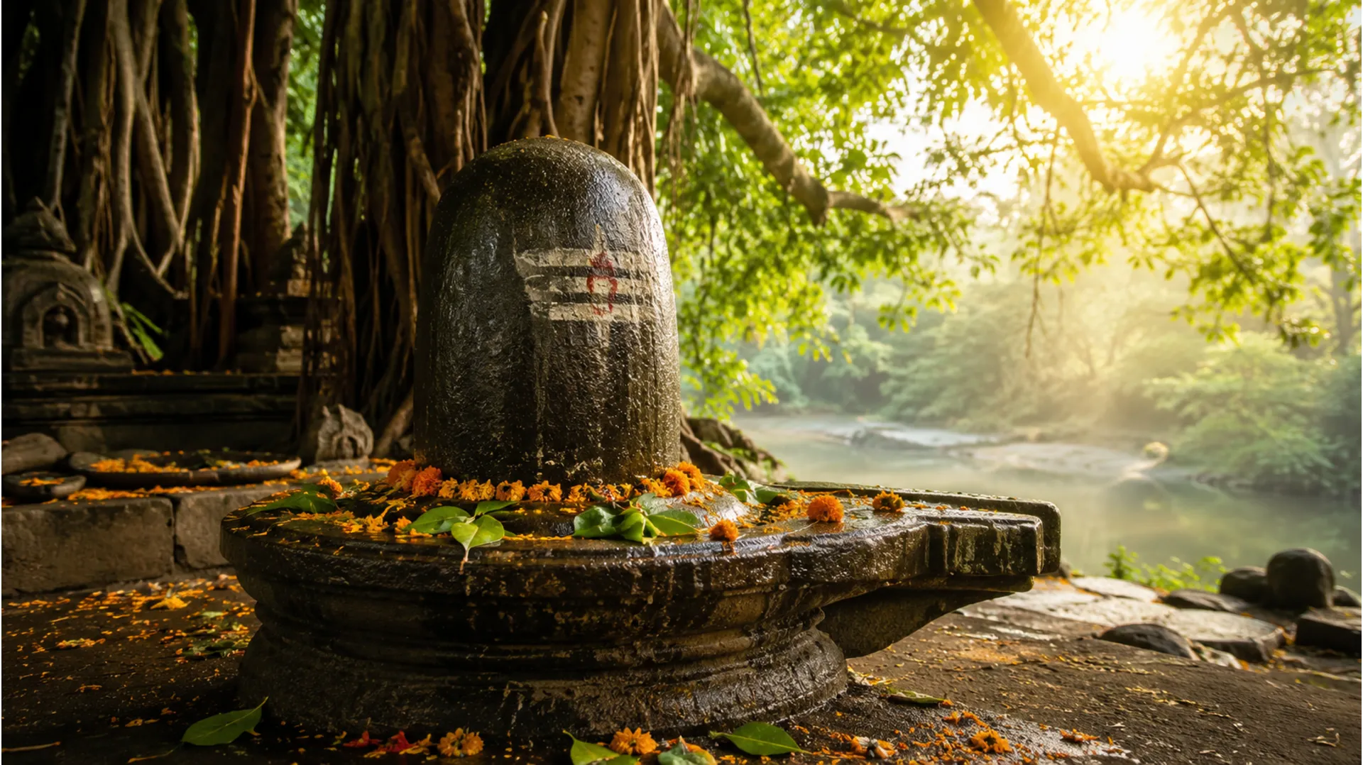 A powerful high-quality clear photo camera digital illustration of a meditating Lord Shiva in deep space, radiating light as a pulse forming the text 'Har Har Mahadev' propagates outwards, dissolving negative energy.