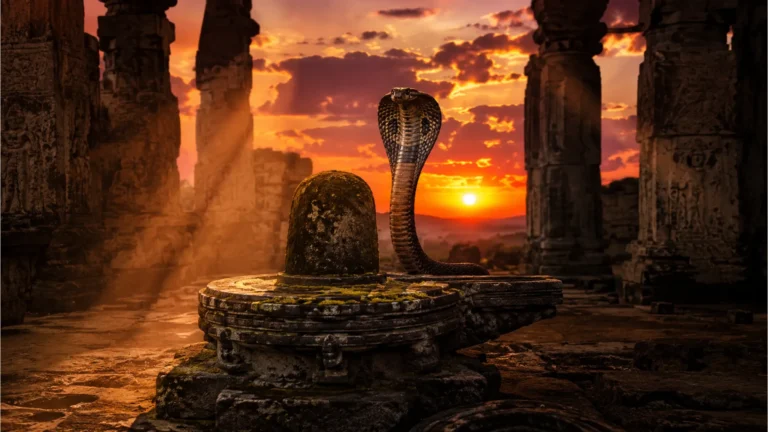 An ancient carved stone Shivling in a historic temple ruin with a cobra silhouette during sunset