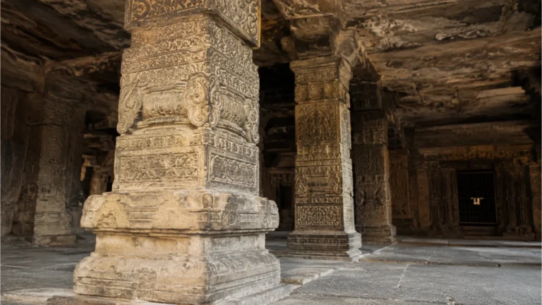 Full HD image of ancient Indian architectural carvings on the pillars inside the complex basement.
