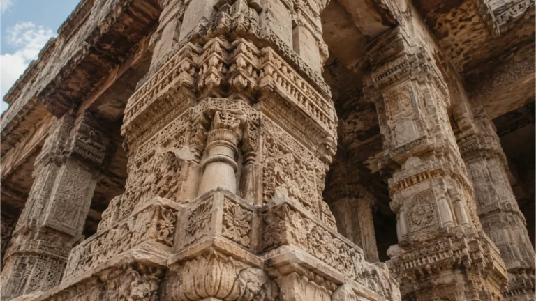 Full HD detailed view of the carved ancient pillars found in the lower basement areas of the complex.