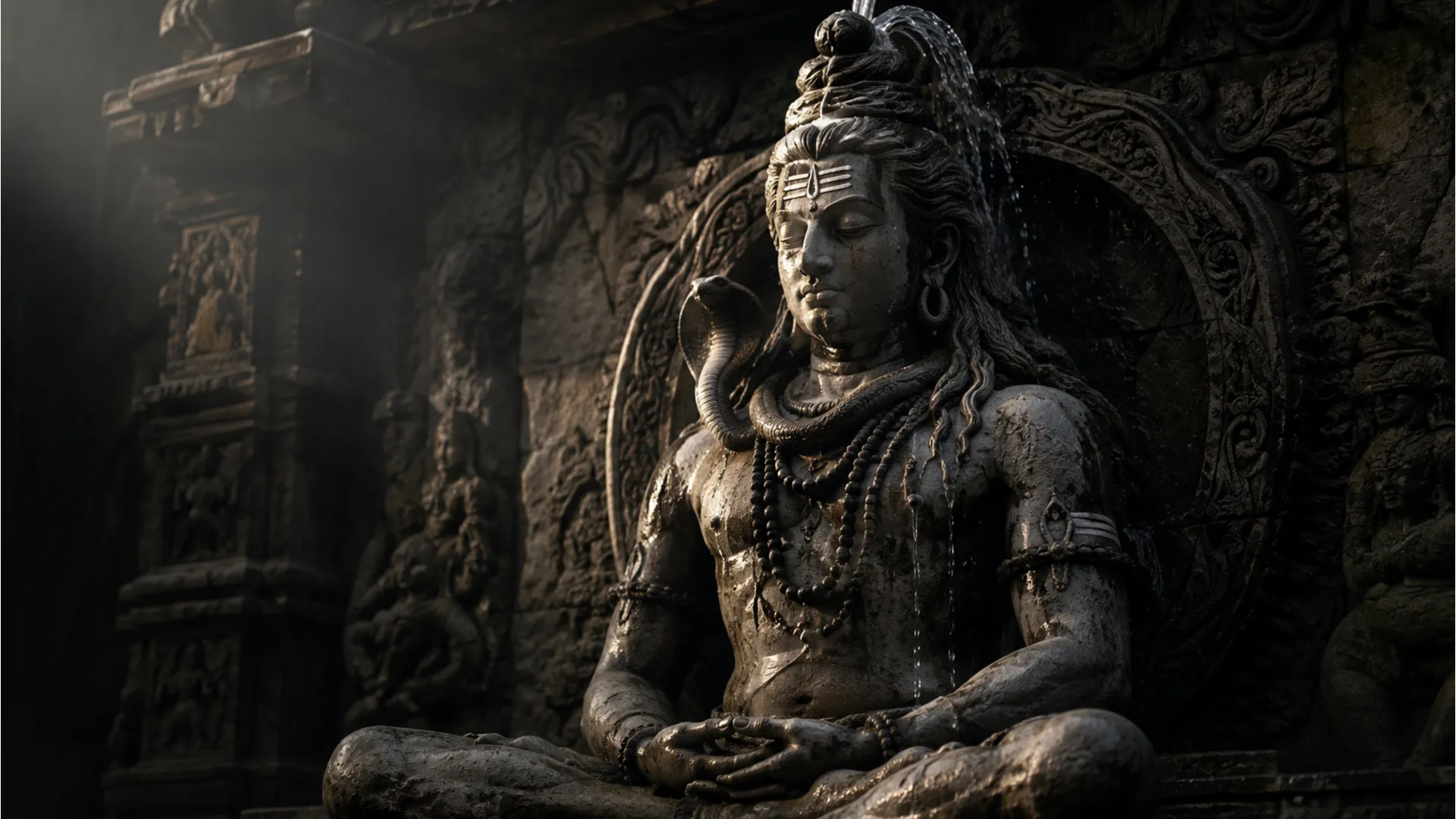 Realistic 3D render of an ancient stone sculpture of Lord Shiva meditating.