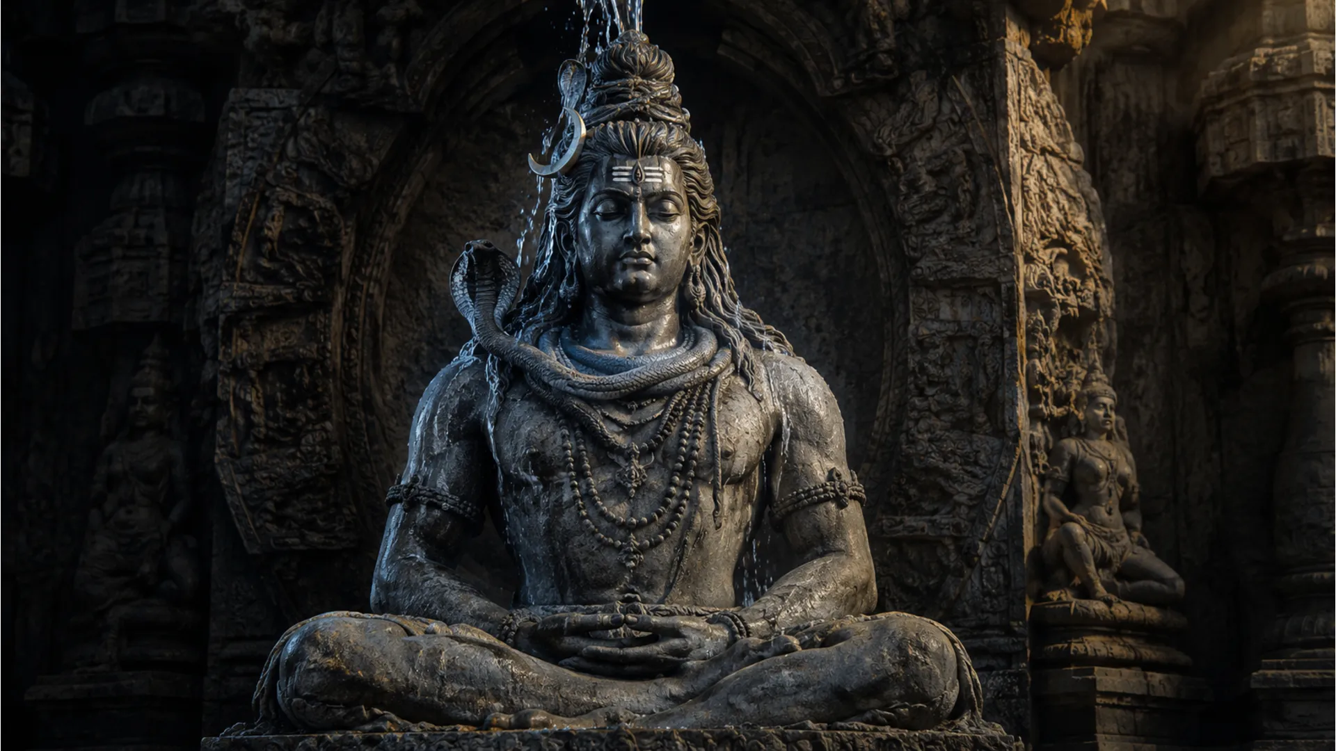 Realistic 3D render of an ancient stone sculpture of Lord Shiva meditating.