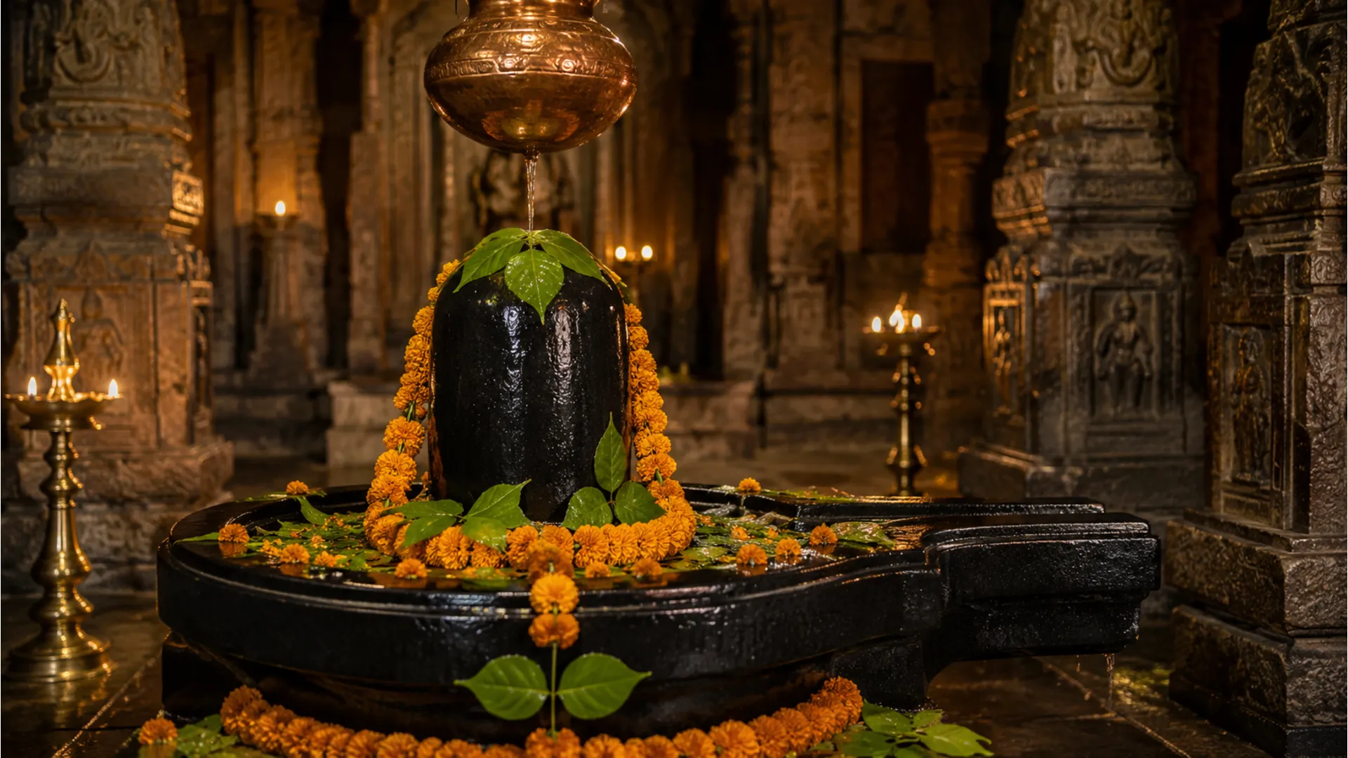 Traditional black stone Shivling decorated with fresh flowers inside an ancient temple.