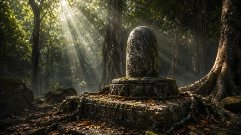 Ancient carved stone Shivling found in overgrown jungle ruins