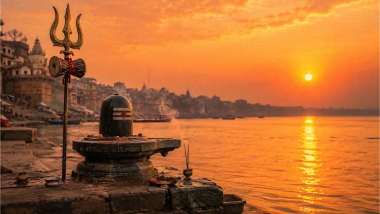 Ancient stone Mahakal shivling images hd on a riverbank during golden hour sunset.