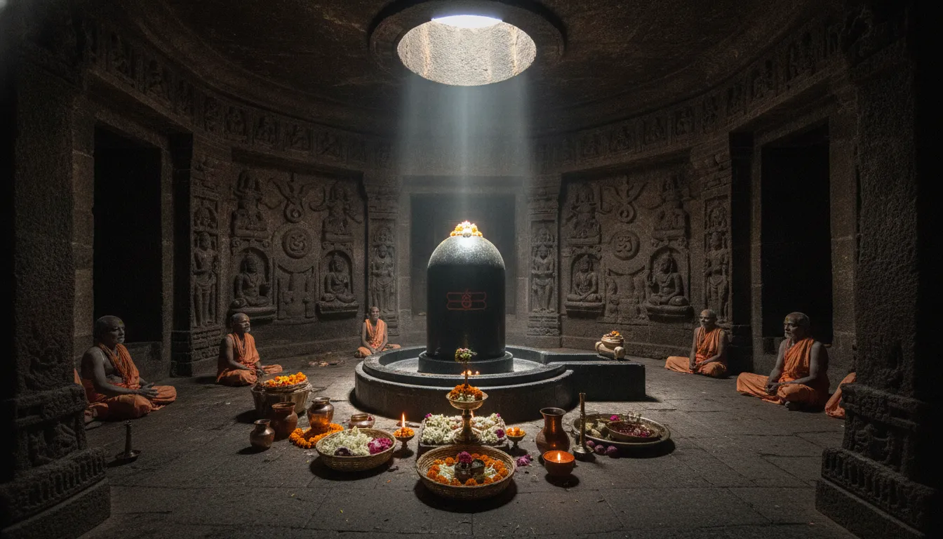 Ancient stone temple setting for Mahakaleshwar Aghori pooja Shivling images.