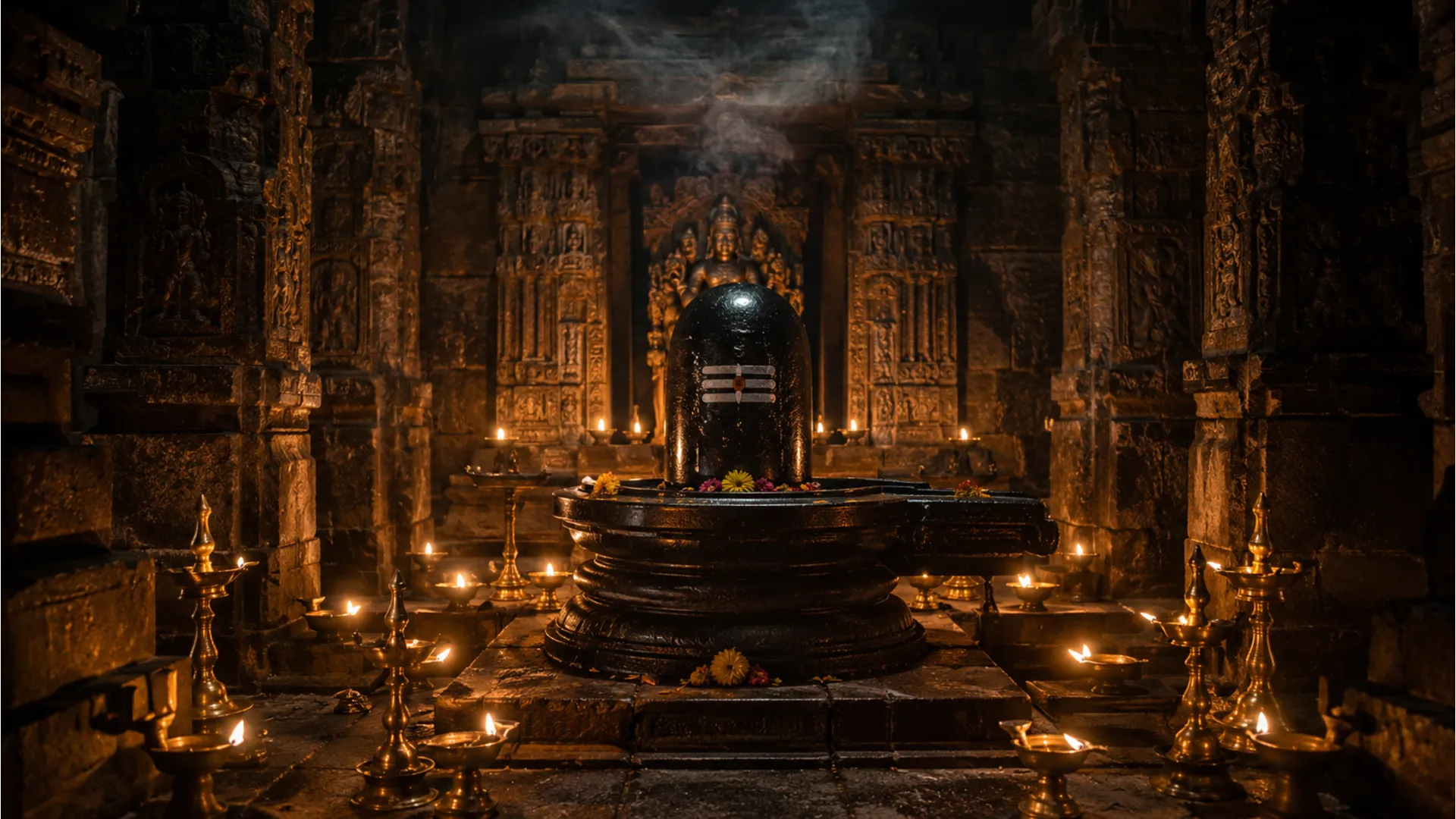 Ancient stone Shivling inside a traditional Indian temple sanctum with oil lamps.