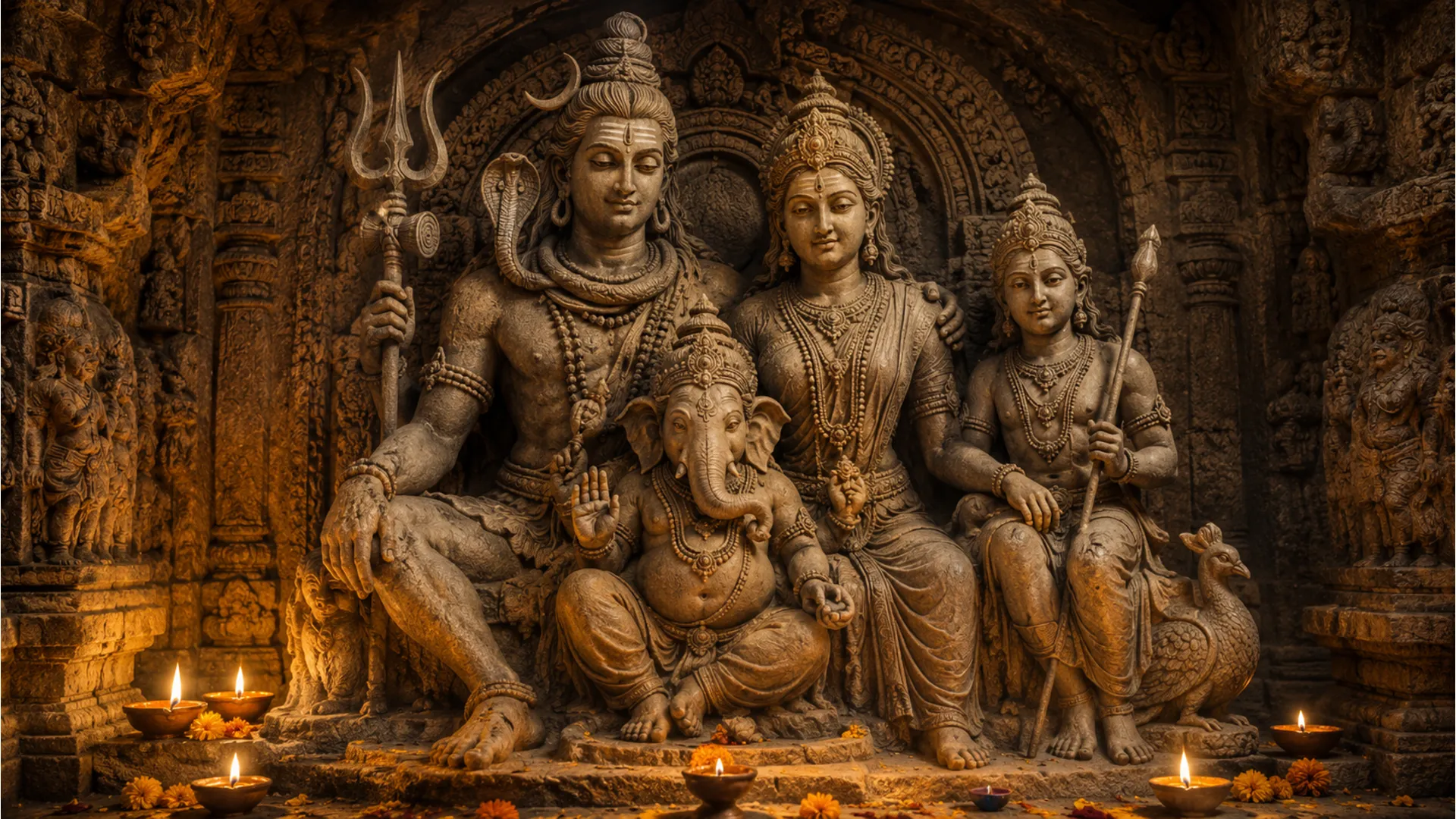 Classic Indian art style Har Har Mahadev family photo HD resembling ancient temple carvings.