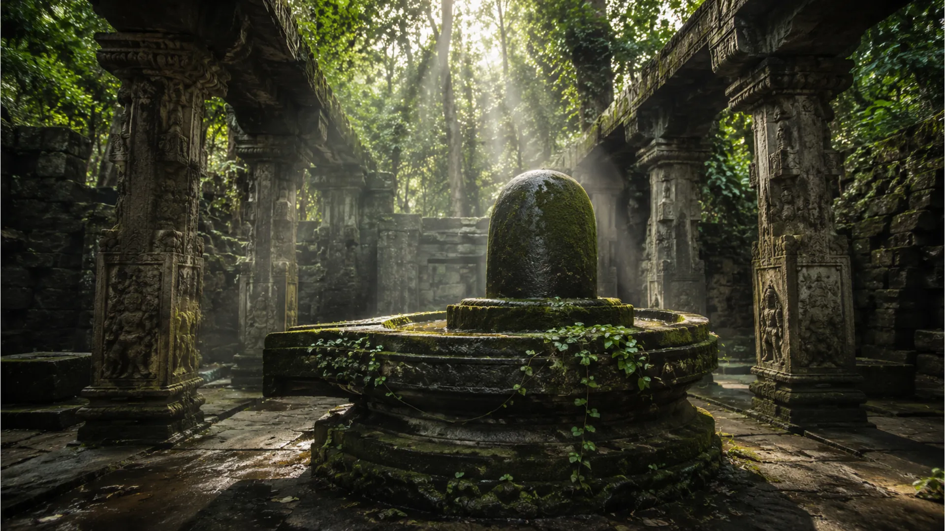 Historic stone shivling images full hd located inside an overgrown ancient forest temple ruin.