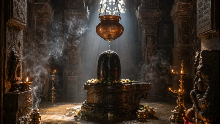 Realist oil painting of an ancient stone Shivling inside a historic Indian temple sanctuary.