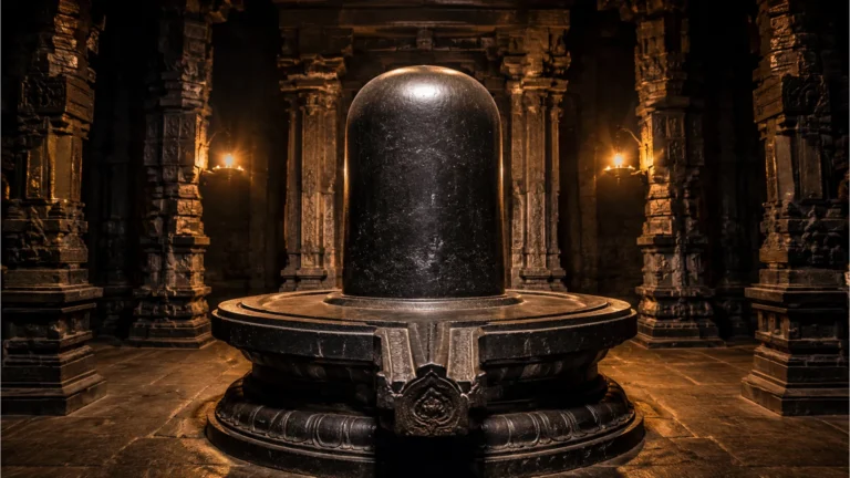Massive ancient monolithic stone shivling carved inside temple sanctum