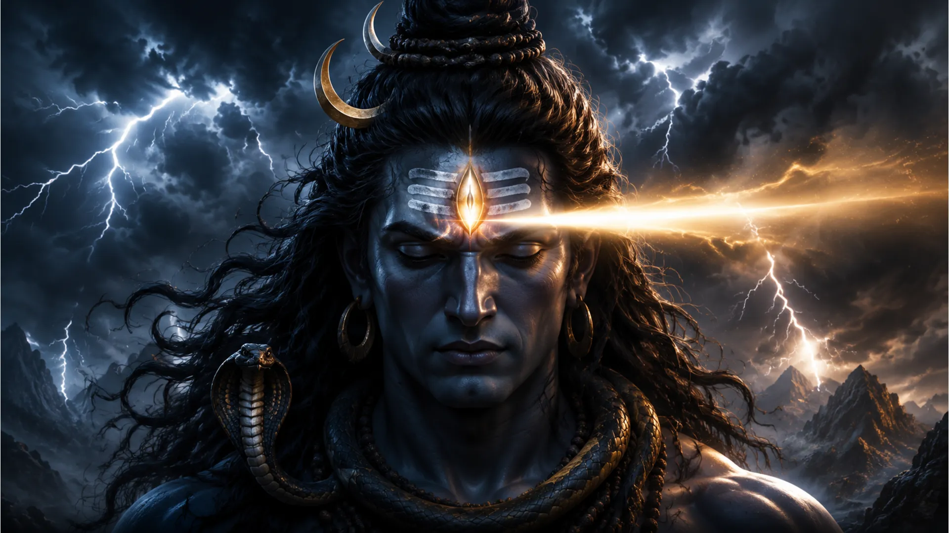 Fierce avatar of Lord Shiva opening his third eye with intense energy.