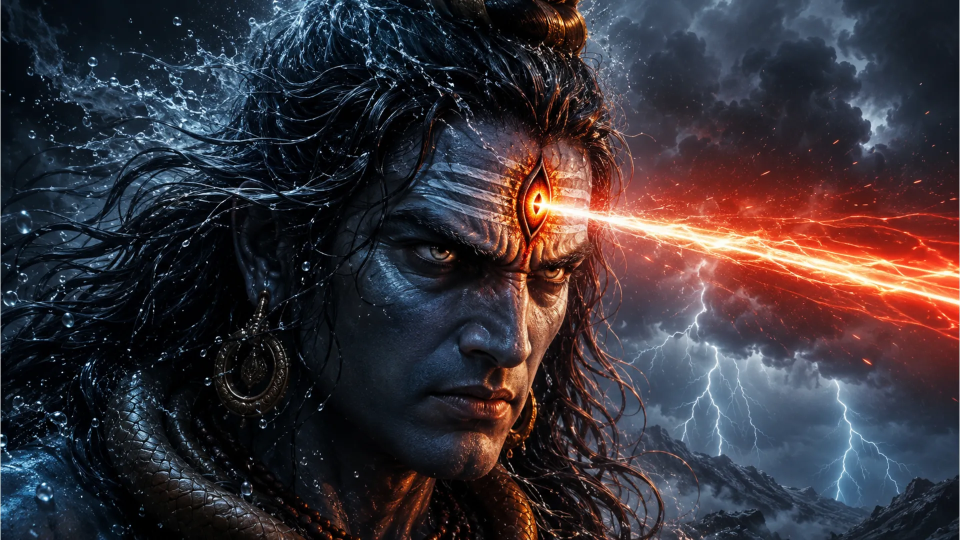 Close-up face of Lord Shiva in his fierce Rudra avatar with a glowing third eye.