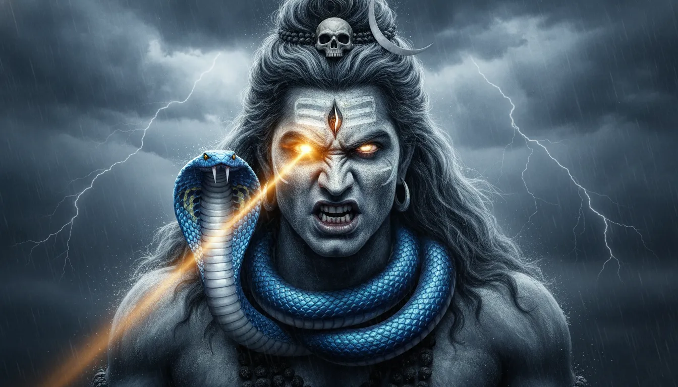 The fierce and powerful Rudra avatar of Lord Shiva with glowing third eye.