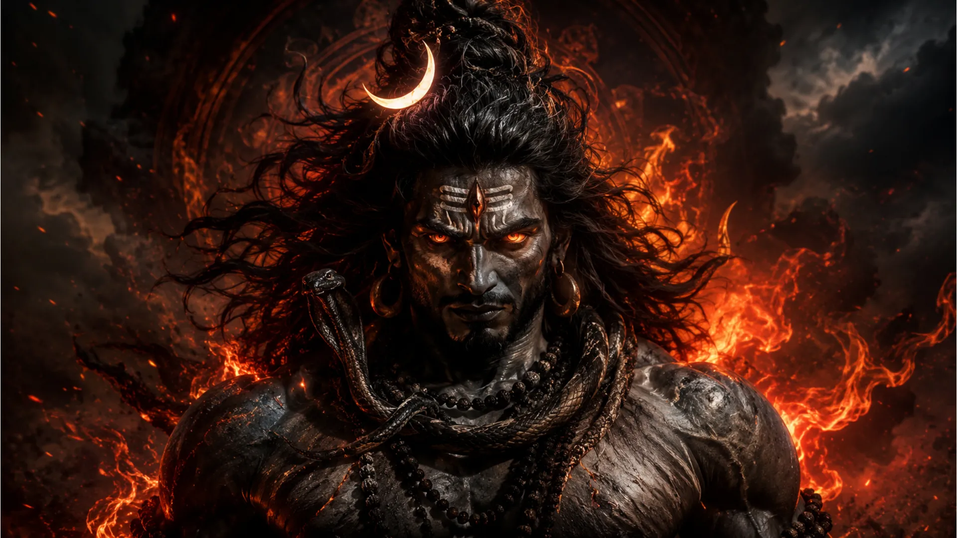 High detailed digital painting of Angry Rudra avatar of Lord Shiva with glowing red eyes.