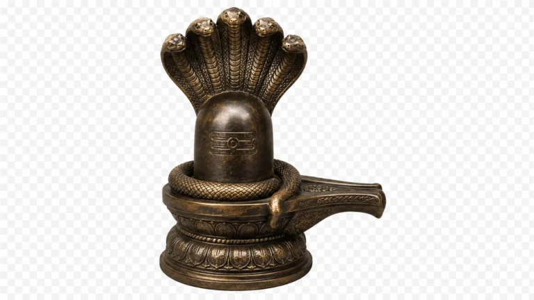 Antique bronze shivling sheltered by a detailed five-headed Sheshnaag canopy, transparent background.