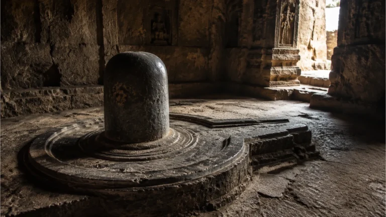 Ancient weather worn image shivling carved inside a historic rock cave