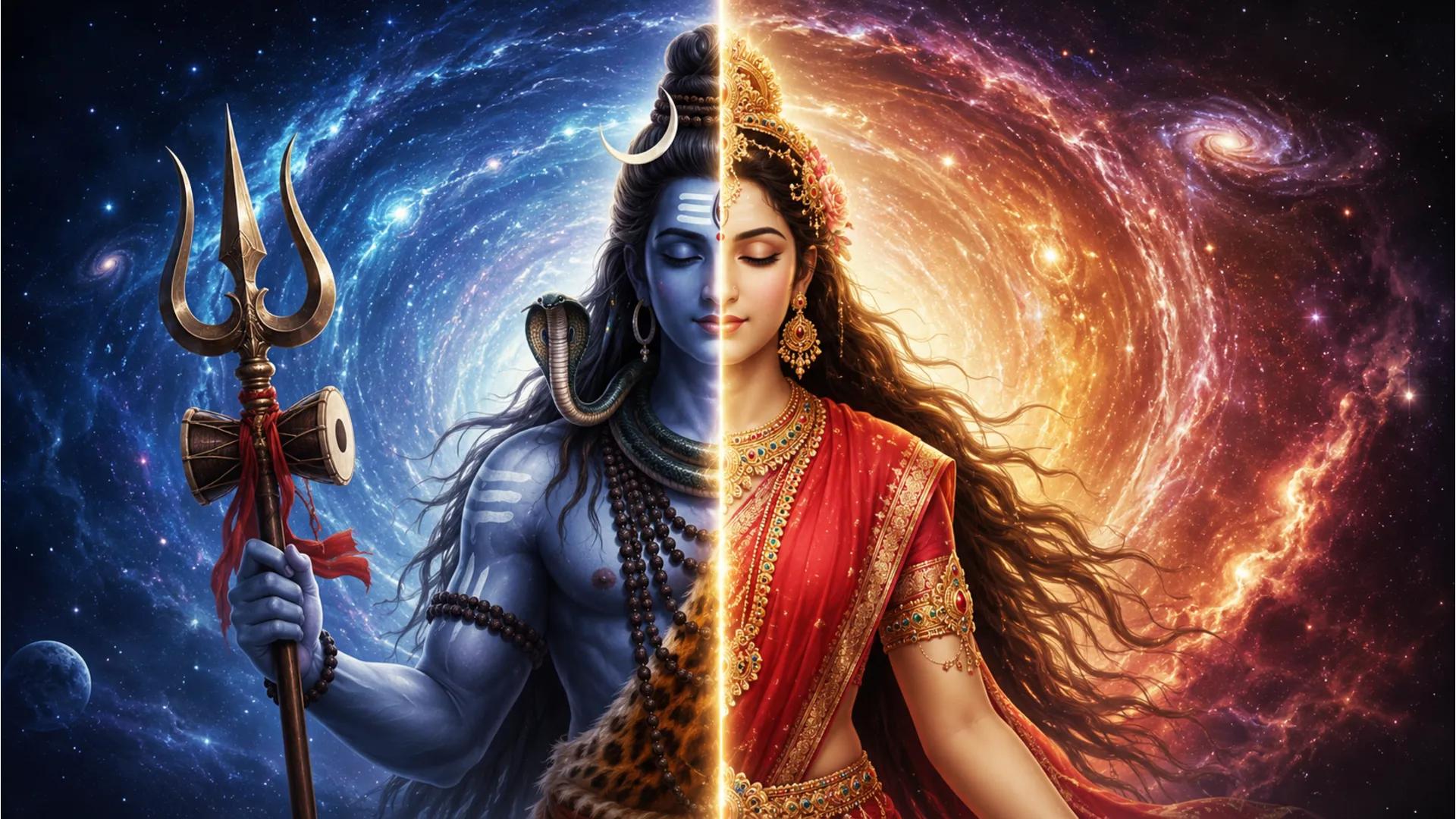 Divine Ardhanarishvara form representing half male and half female energy.