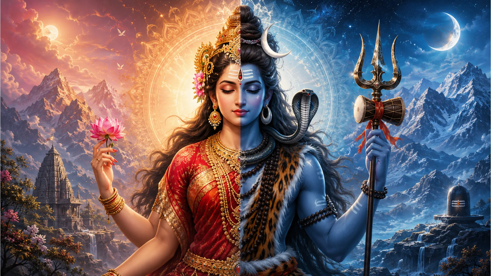 Divine representation of Ardhanarishvara showing the unity of Shiva and Parvati.