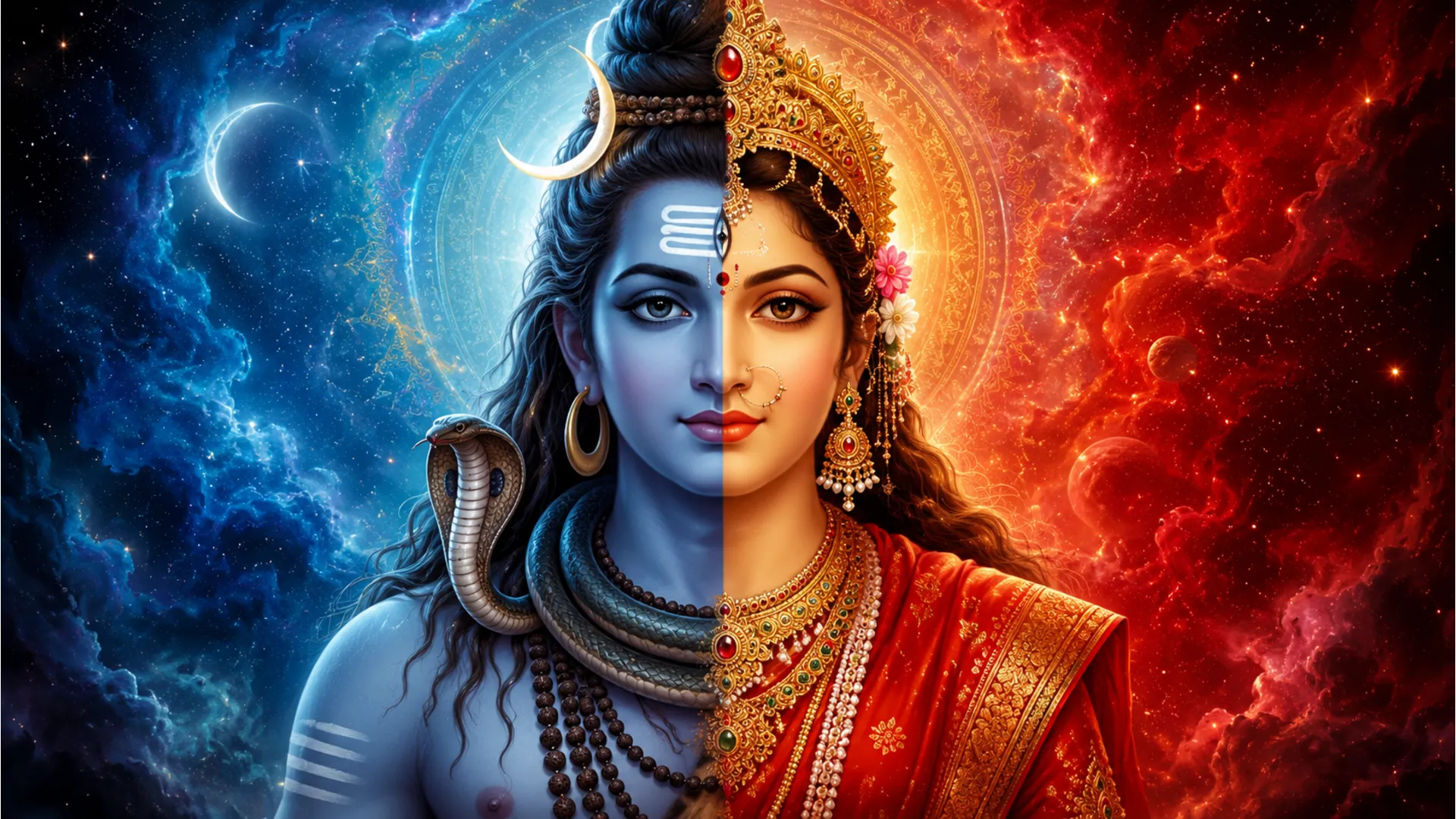 Composite divine image of Ardhanarishvara representing the half-male and half-female form of Shiva and Shakti.