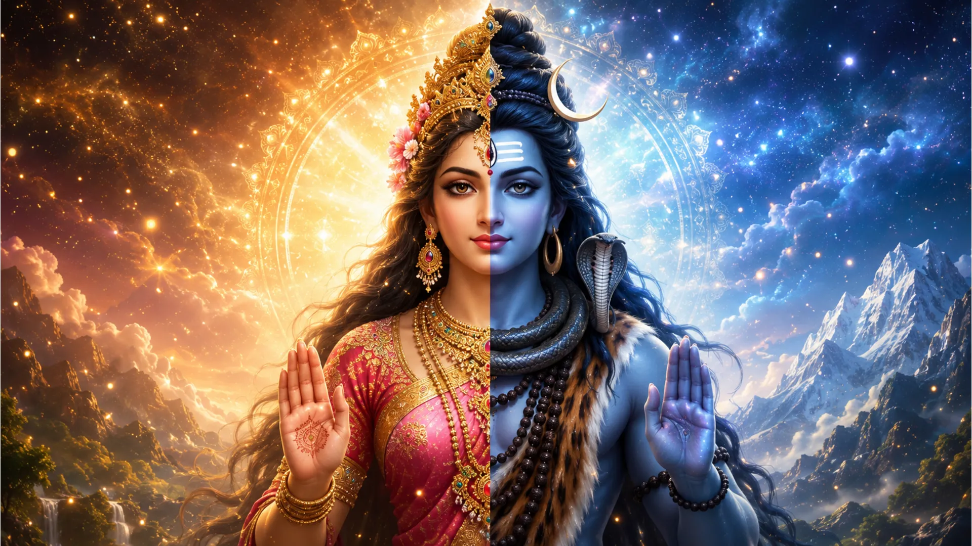 The divine form of Ardhanarishvara representing half Lord Shiva and half Goddess Parvati.