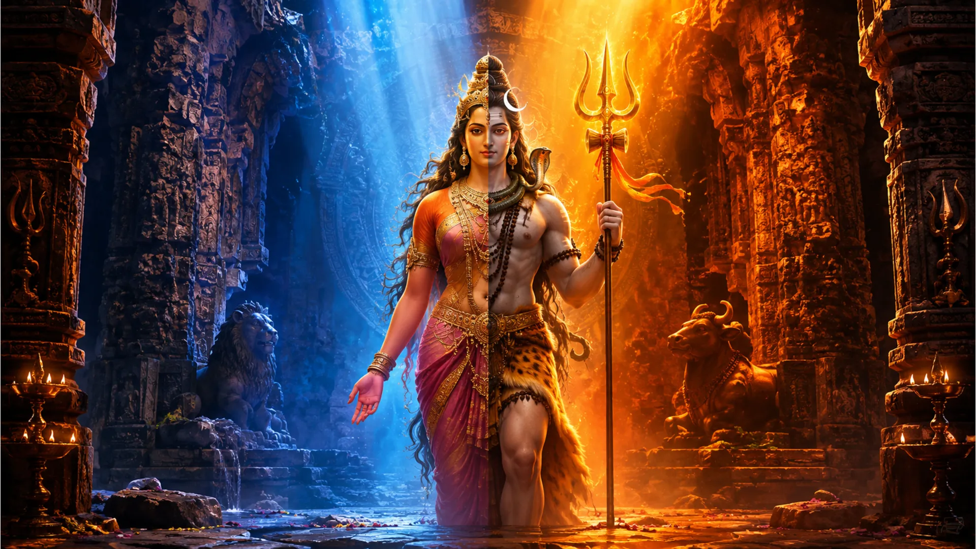 Combined half-male and half-female deity with a trident standing inside an ancient stone temple.
