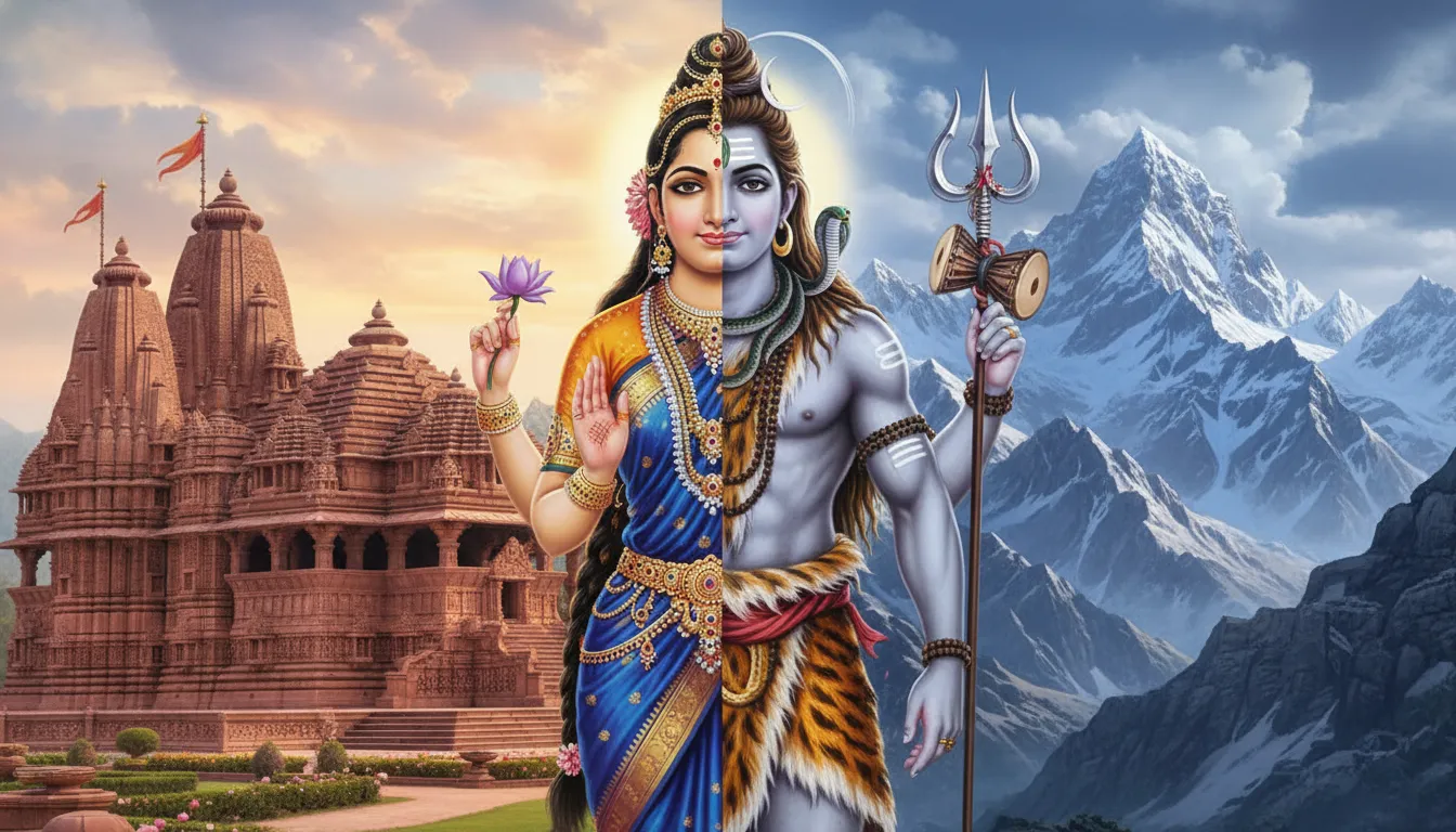 Ardhanarishvara wallpaper showing Lord Shiva on the right and Goddess Parvati on the left in one body, 1080p.