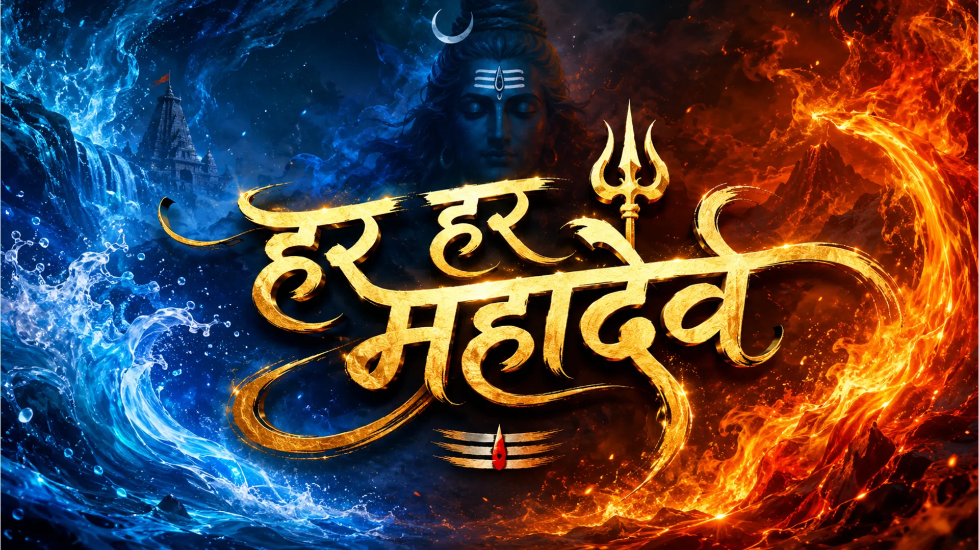 Modern 4K digital art with artistic Hindi calligraphy of 'Har Har Mahadev' and abstract elements.