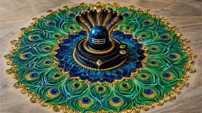 Full HD vibrant image of a Shivling rangoli surrounded by a colorful peacock feather border design.