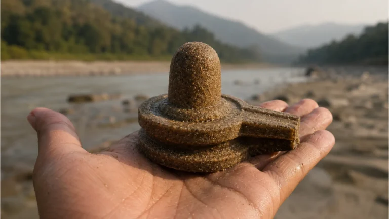 A temporary Shivling sculpted entirely out of fine river sand resting on an open hand