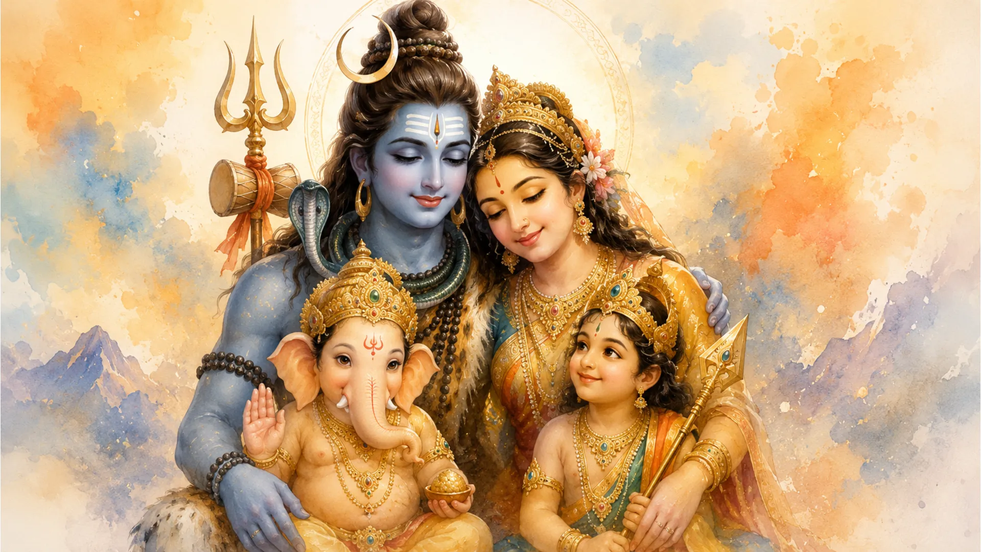 Artistic watercolor style Har Har Mahadev family photo HD for home decor.