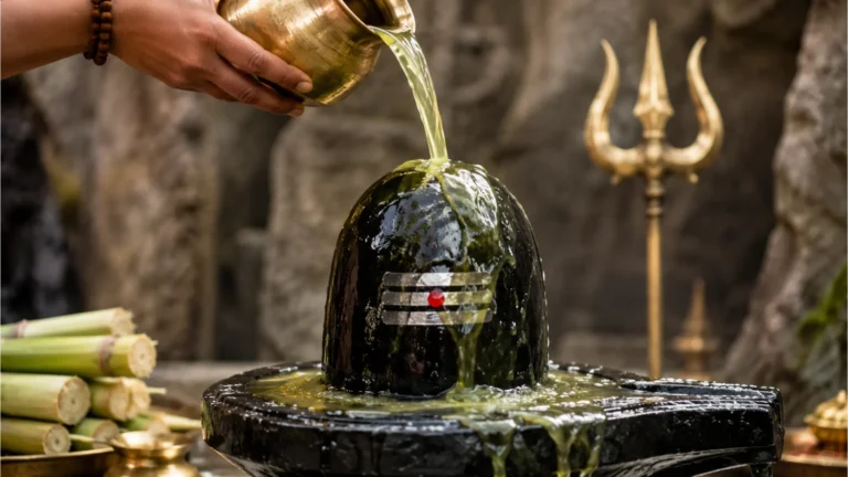 Clear greenish-gold sugarcane juice being offered over a dark marble Shivling for prosperity.