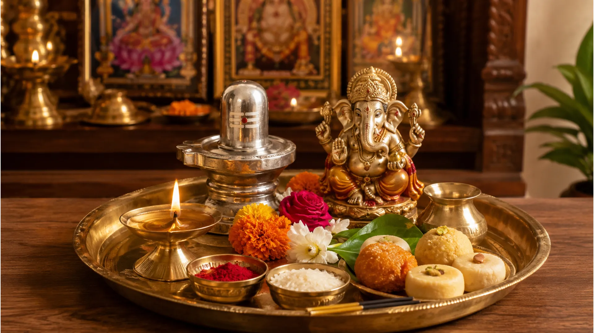 Close-up of a brass puja thali containing a small Shivling, Ganesha idol, sweet modak, and incense