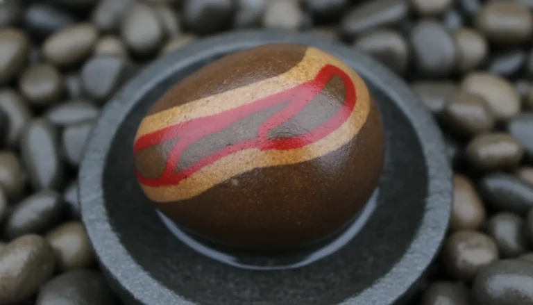 Highly polished natural Narmadeshwar Shivling with distinct red markings on river stones.