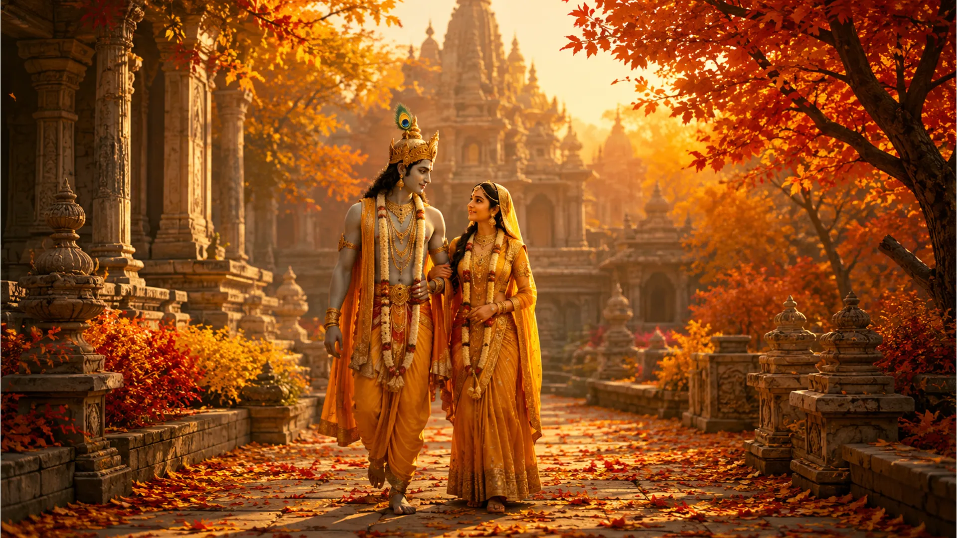 Divine couple walking through a temple garden with orange and red autumn leaves.