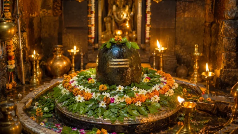 Sacred Deoghar shivling image adorned with fresh flowers and sandalwood paste inside garbhagriha.