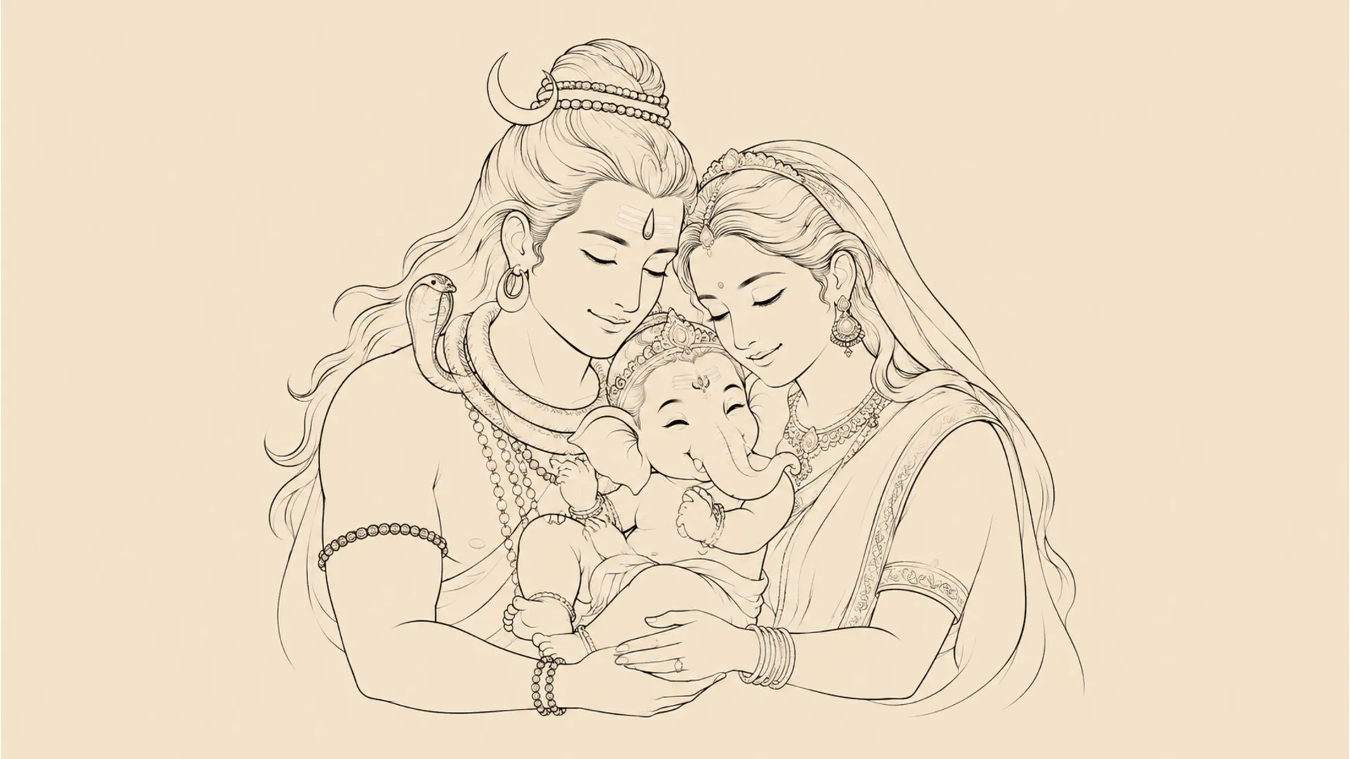 Minimalist fine line illustration of Lord Shiva and Parvati holding a young baby Ganesha on a light pastel beige backdrop.