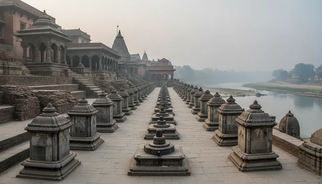 Stone votive shrines and images of shivling at pashupatinath temple complex along the banks of the Bagmati River.