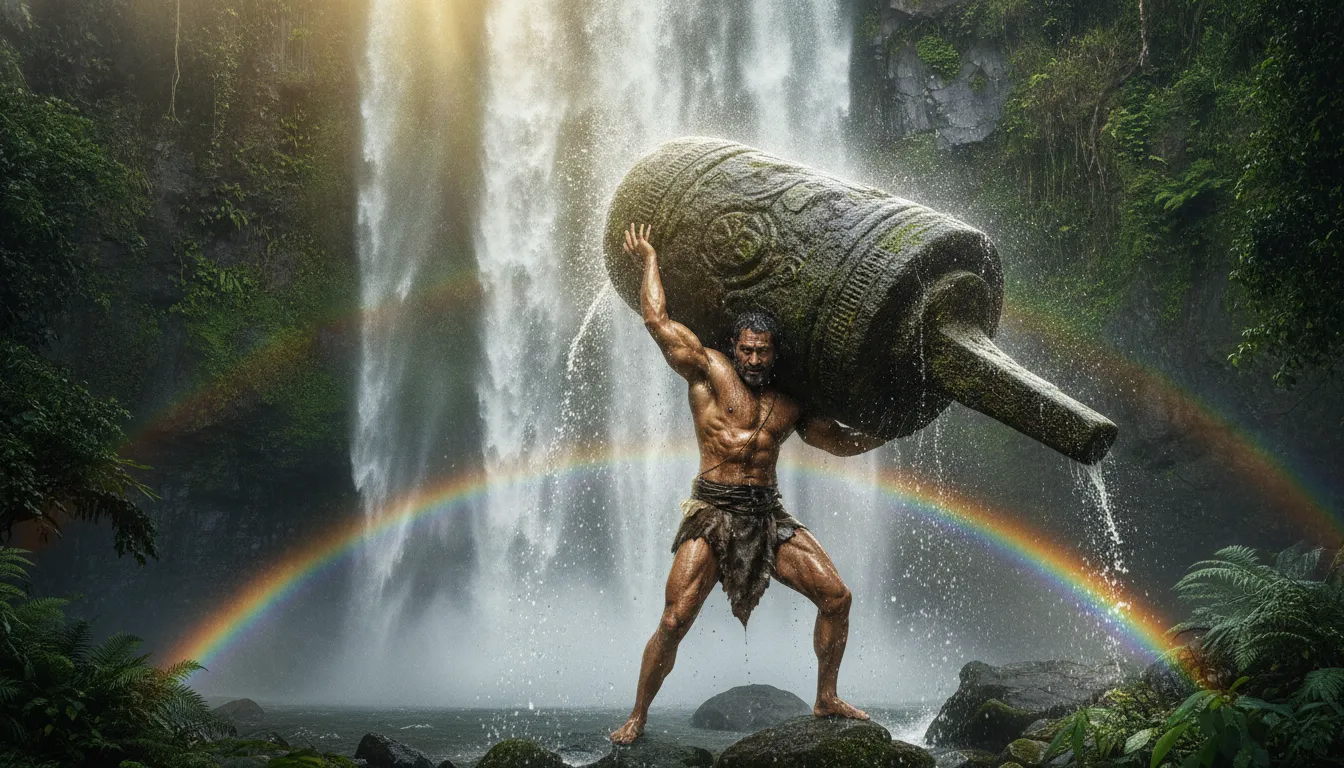 Bahubali lifting the heavy stone Shivling under a massive roaring waterfall in full HD.