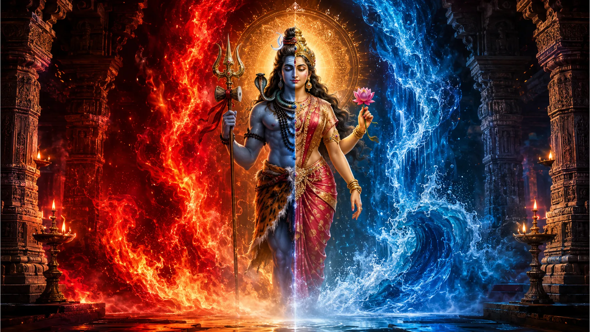Half-male and half-female divine form surrounded by elemental currents of flame and ocean waves.