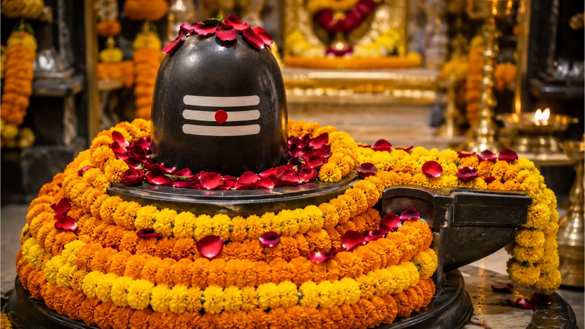 A dark stone Shivling beautifully decorated with thick layers of yellow marigold garlands and red rose petals